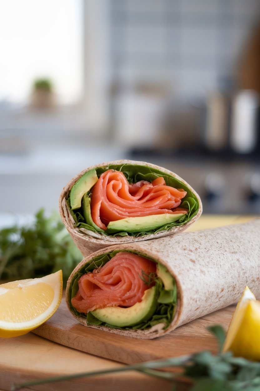 A sliced whole-grain wrap indoors filled with cooked smoked salmon, avocado slices, mixed greens, and a squeeze of lemon. No logos or text.