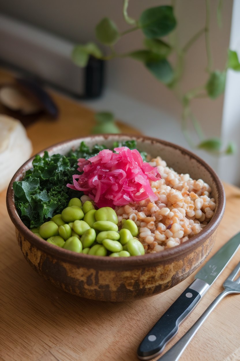 An indoor ceramic bowl with a mix of cooked barley, shelled edamame, chopped kale, and pickled red onion. No text or logos in the shot. Photo only.