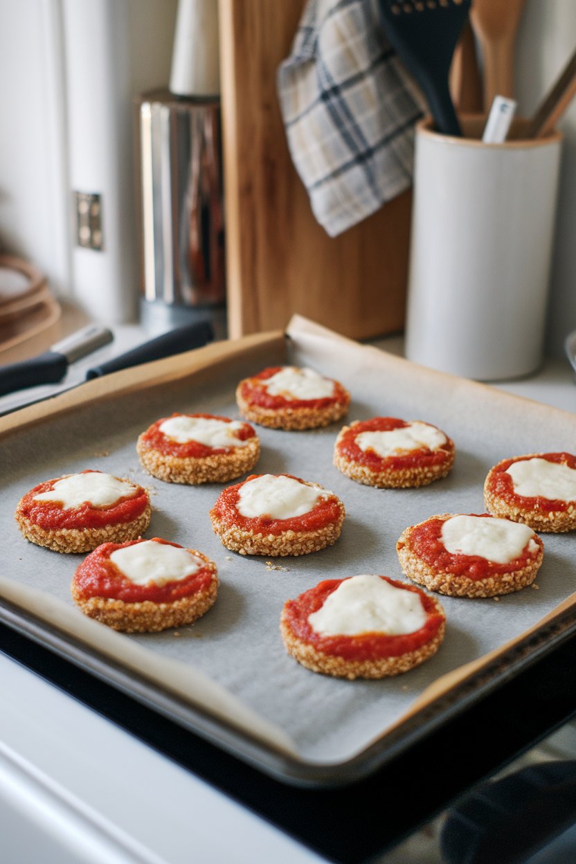 A parchment-lined baking sheet on an indoor kitchen counter holding small round quinoa pizza bites topped with melted mozzarella and tomato sauce. Photo only, no visible branding.