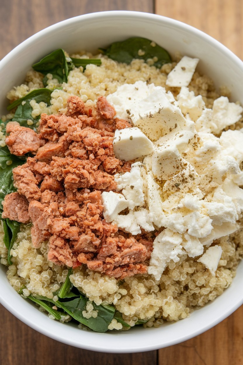 Indoor photo of quinoa mixed with spinach, crumbled turkey burger pieces, feta cheese, and oregano. No text or logos.