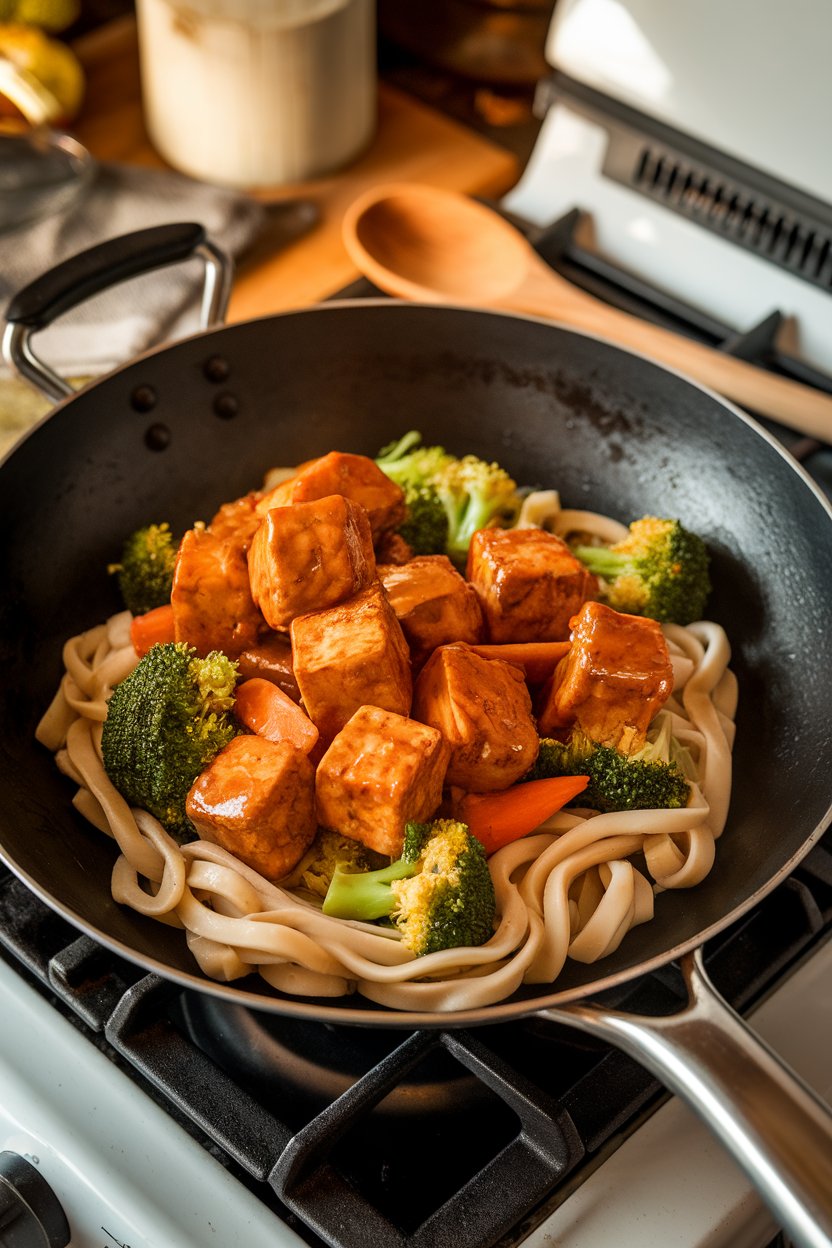 Indoor stovetop with a wok of glazed tofu cubes, broccoli, and carrots served over thick udon noodles. Photo, no text or logos visible.