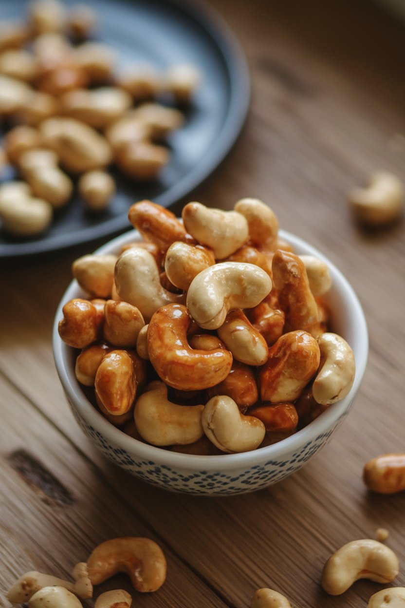 A small indoor bowl of glossy mixed nuts coated in honey-sriracha glaze, with scattered nuts nearby. No text or logos. Photo.