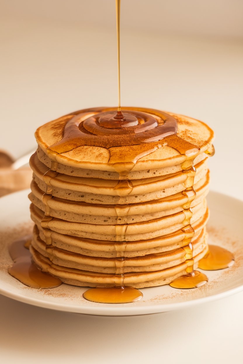 Indoor stack of golden pancakes drizzled with pure maple syrup and sprinkled with cinnamon—no text or logos.