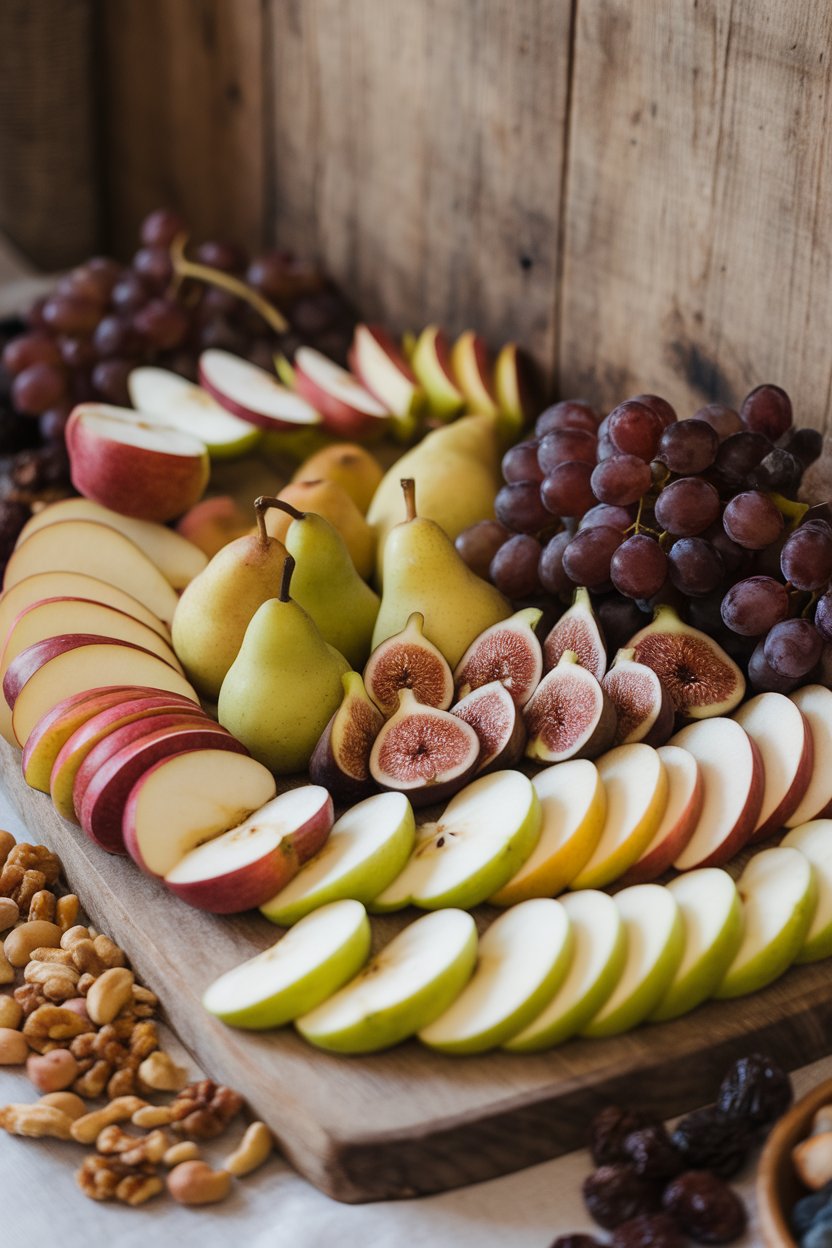 An indoor grazing board of sliced apples, pears, figs, and clusters of grapes arranged neatly; no text or logos, photo only