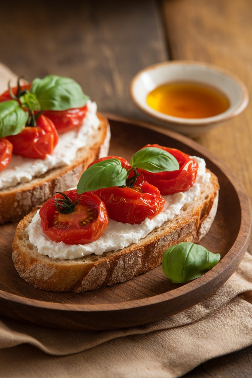 Photo of an indoor casual breakfast setup with thick toasted bread spread with ricotta and topped with roasted cherry tomatoes and basil; no text or logos