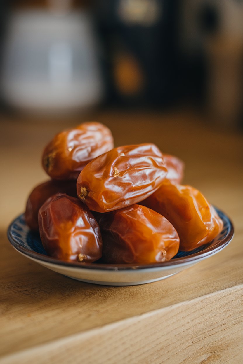 Photo of several pitted Medjool dates on a small indoor plate, velvety texture visible, no text or logos