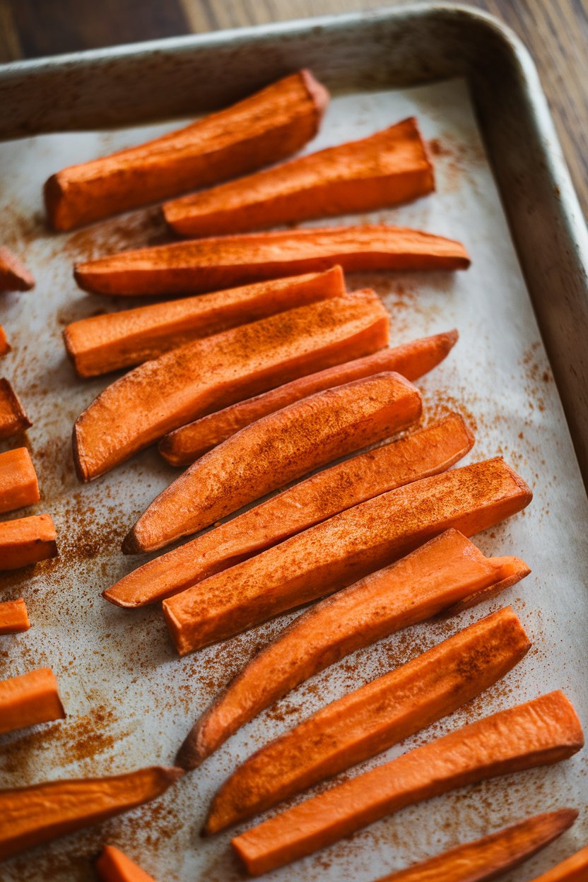 Indoor baking sheet with golden roasted sweet potato fries dusted with paprika—no text or logos.