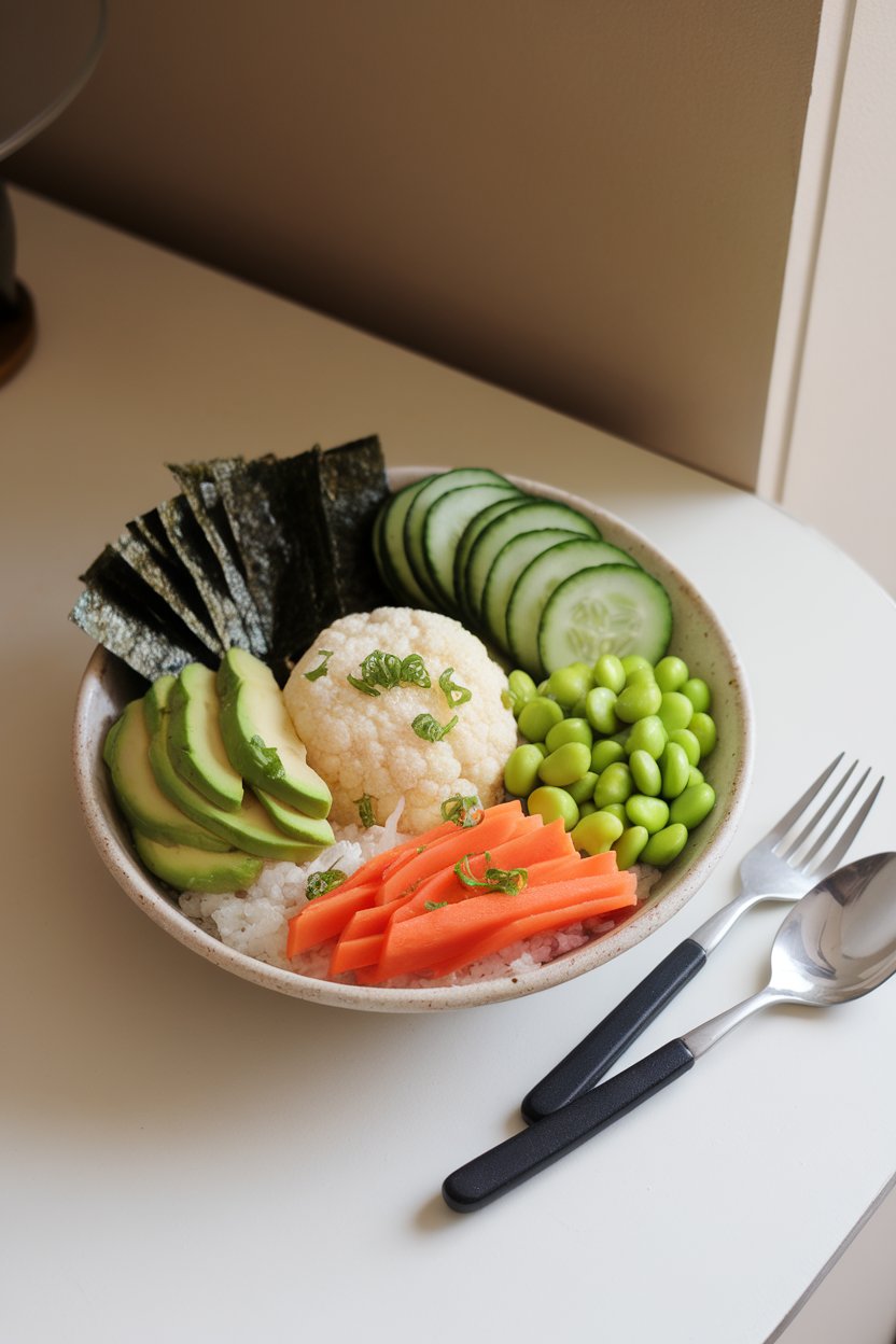 Indoor tabletop with a shallow bowl of cauliflower “rice,” sliced avocado, cucumber ribbons, edamame, and nori strips arranged artfully. No text or logos. Photo.