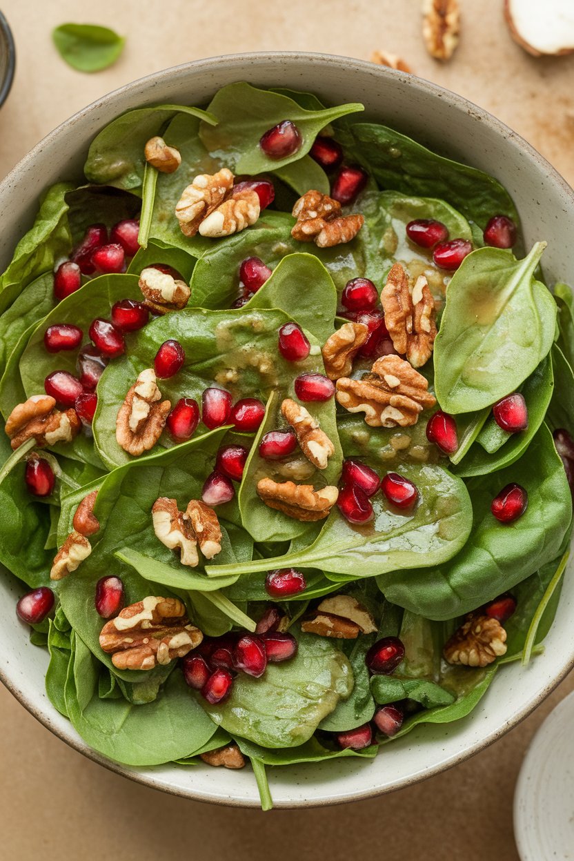 Indoor photo of baby spinach leaves topped with pomegranate seeds and toasted walnut pieces in a salad bowl. No text or logos; photograph.