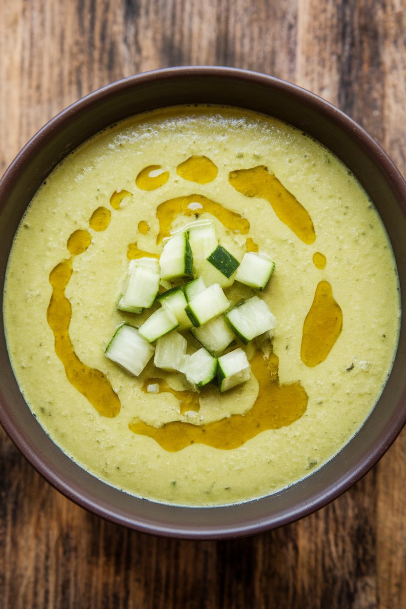 An indoor chilled soup bowl of pale green avocado gazpacho topped with diced cucumber and a drizzle of olive oil. No text or logos; photo, not illustration.