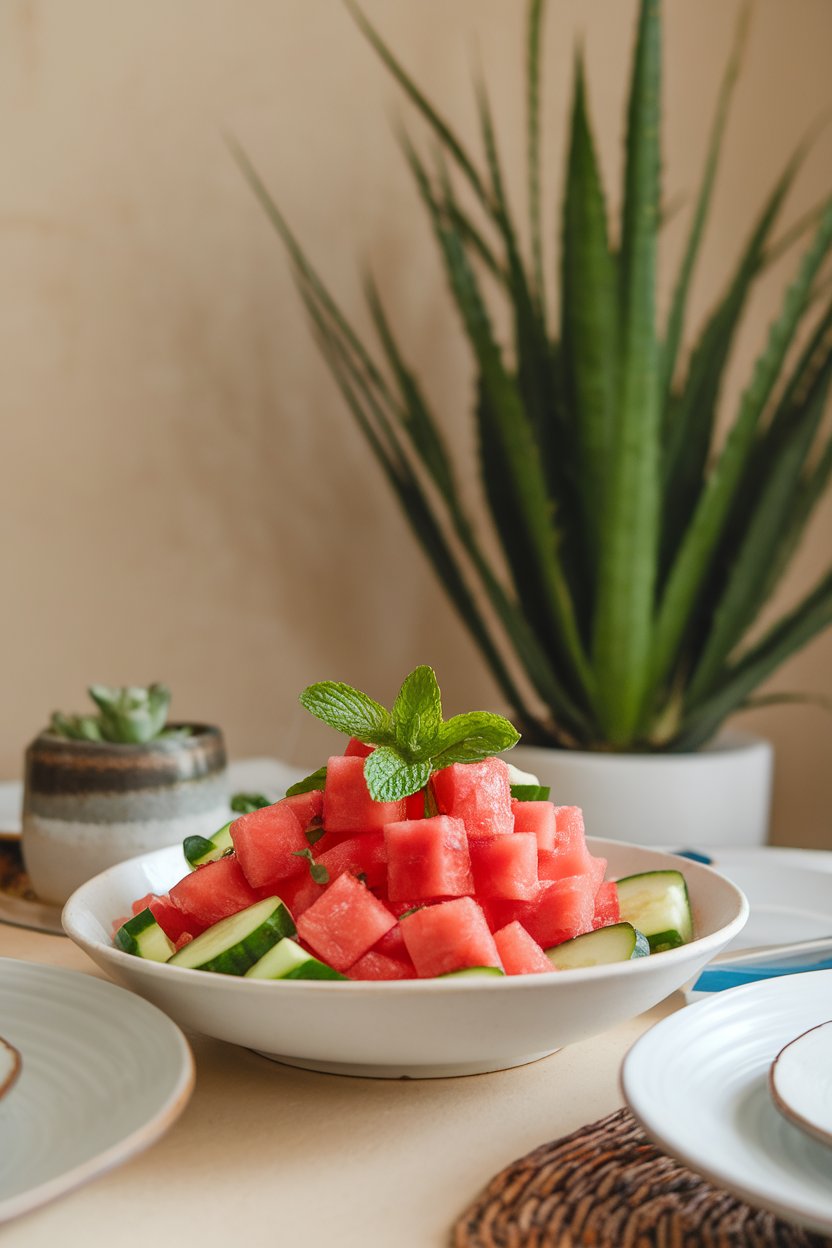 An indoor dining table featuring a chilled watermelon and cucumber salad, mint leaves on top; no logos. Photo only.