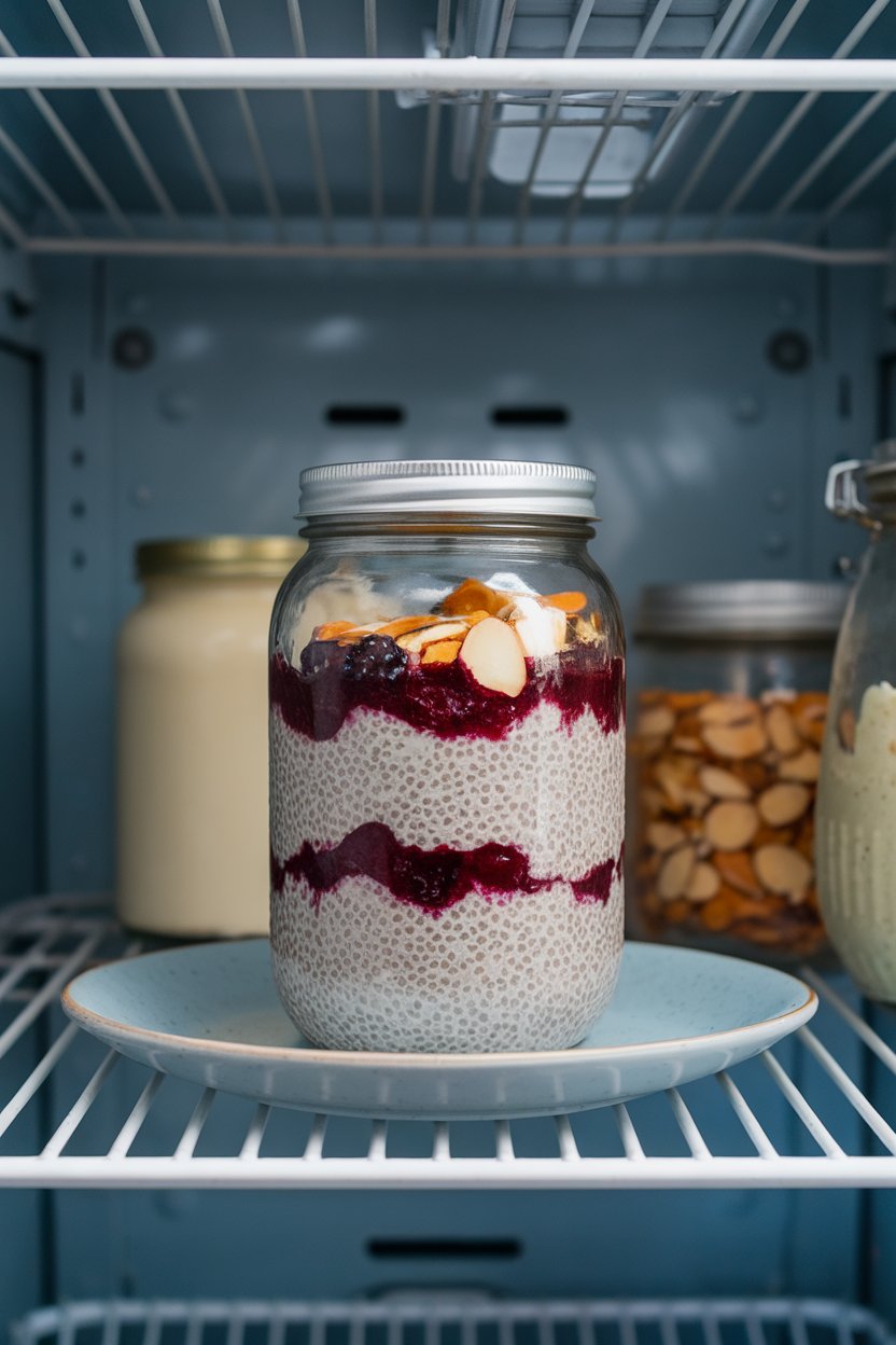 Indoor fridge shelf holding a glass jar layered with chia pudding, blackberry compote, and sliced almonds on top. No logos or text.