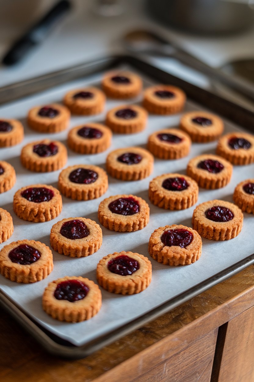 An indoor cookie sheet holding small carrot cookies with cranberry jam centers; no text or logos, photo only
