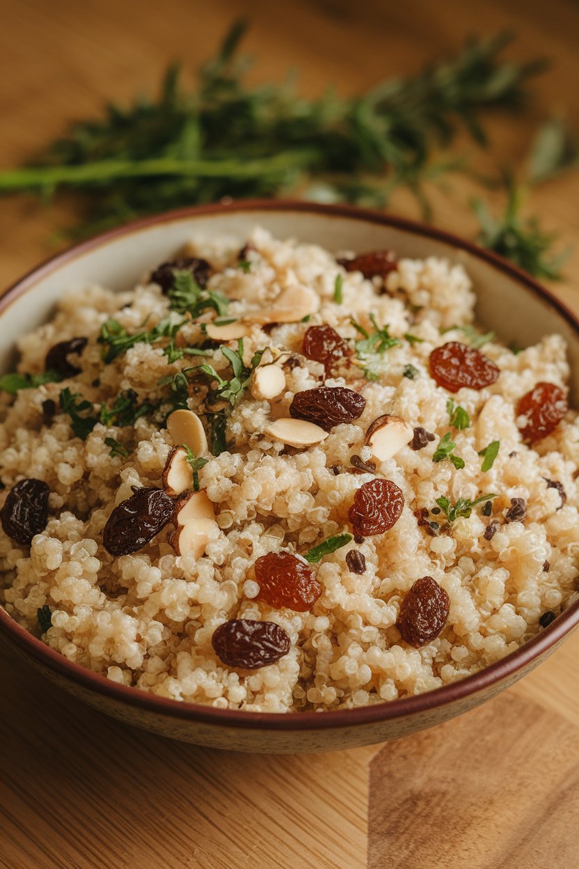 A shallow indoor bowl of fluffy quinoa dotted with raisins, almonds, and chopped herbs; photo only, no text or logos.
