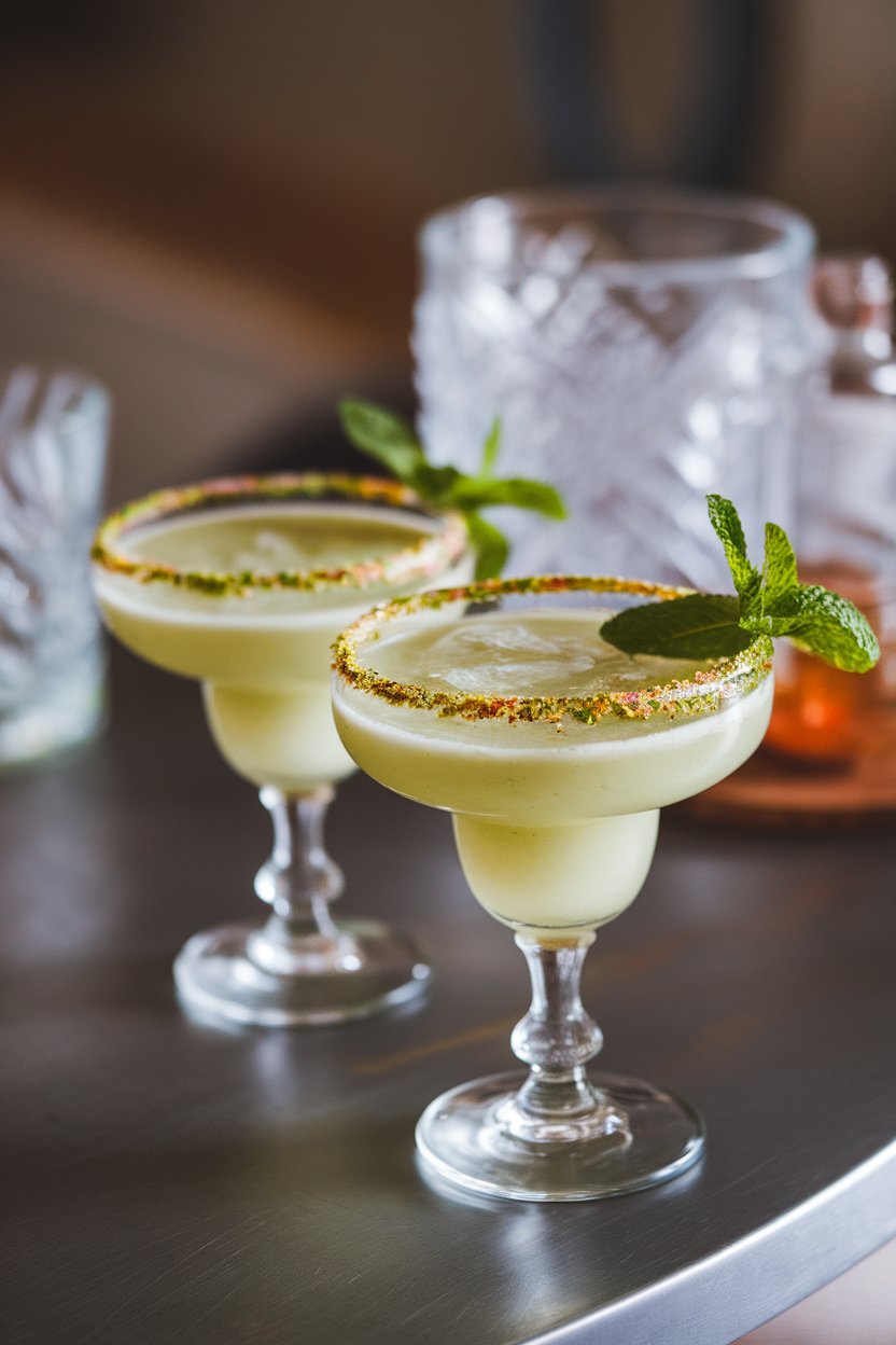 Indoor table, coupe of pale green creamy margarita, finely chopped pistachio rim; no text or logos.