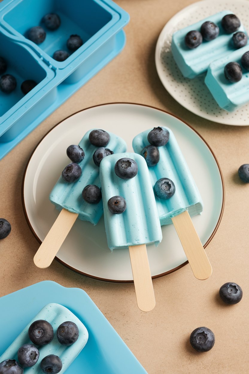 An indoor tabletop with blueberry lemon sorbet pops removed from molds, photo, no logos.