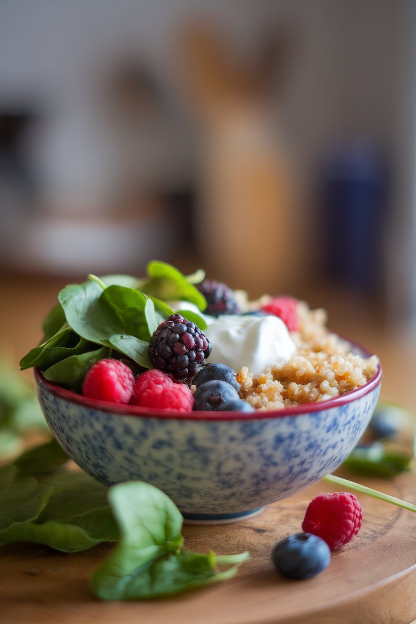 Photo of a bowl filled with cooked quinoa, fresh spinach, mixed berries, and a dollop of Greek yogurt, shot indoors with natural light. No text or logos present.