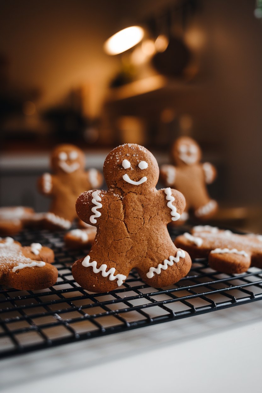 Photo of a cooling rack indoors holding almond-flour gingerbread men, lightly dusted with coconut sugar, warm kitchen lighting, no text or logos.
