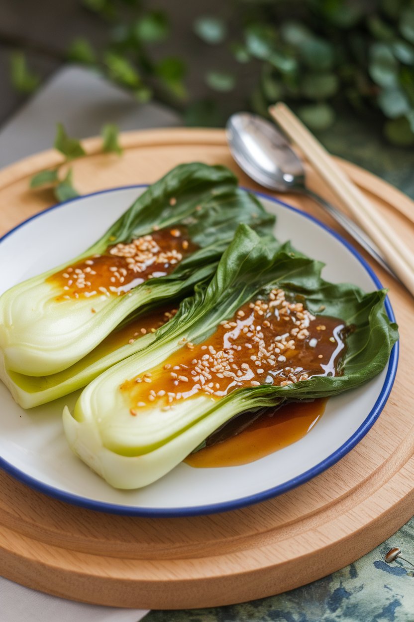 Indoor side dish plate of bright green bok choy leaves glazed with sesame ginger sauce—no text or logos.