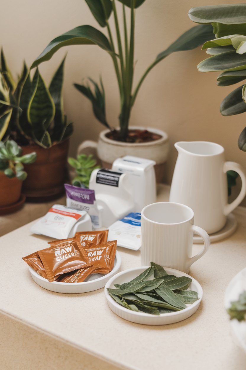 An indoor coffee station featuring a small dish of raw sugar packets and another dish of stevia leaves, no brightly colored artificial sweetener packets present. No text or logos visible.