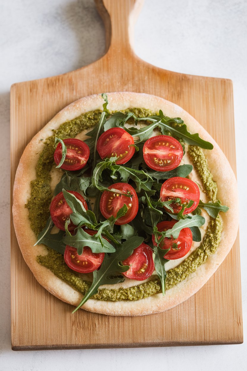 A wooden peel indoors holding a baked flatbread topped with vegan pesto, cherry tomatoes, and arugula; photo only, no text or logos.