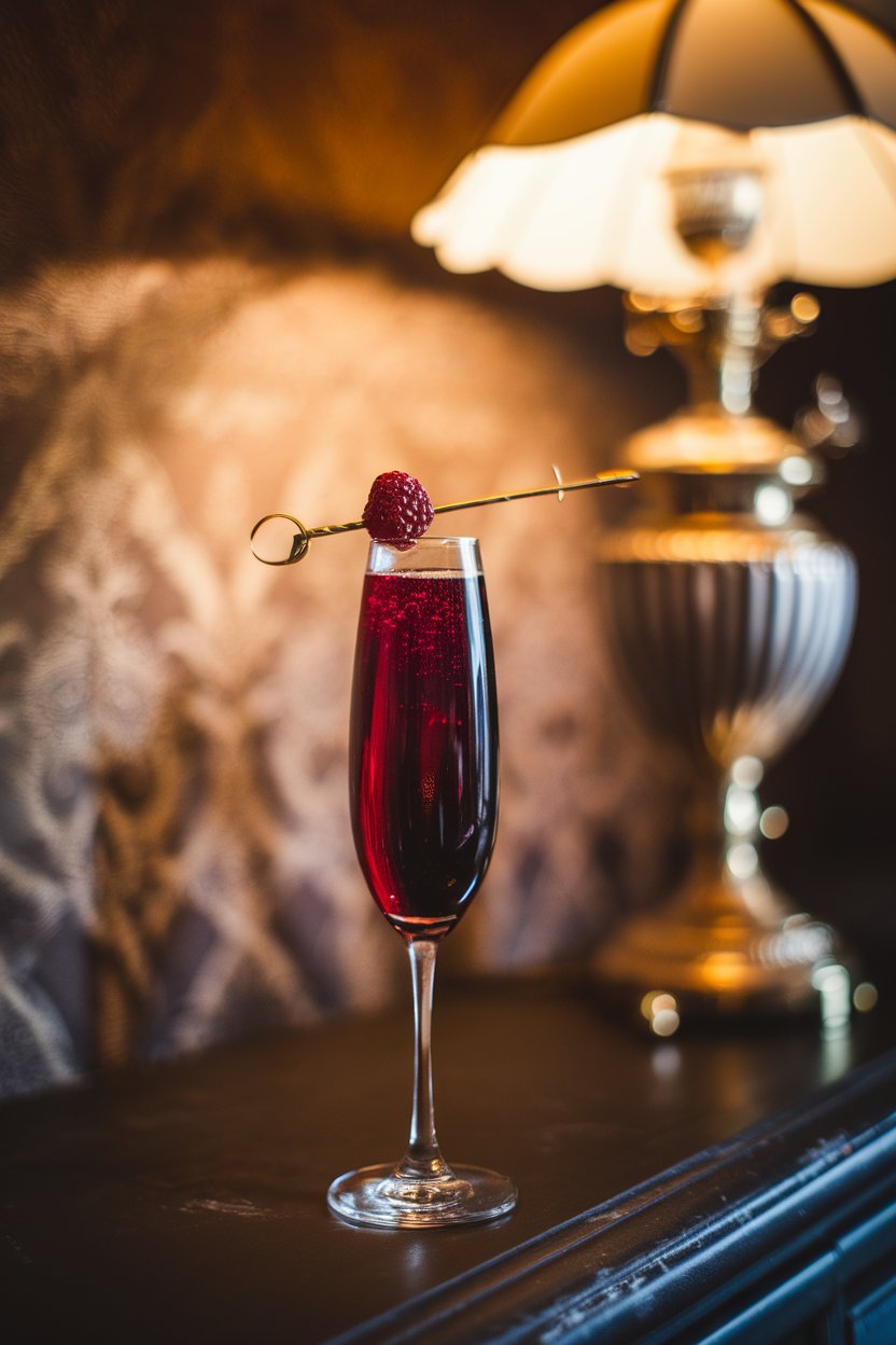 A dimly lit indoor setting with a slim flute of deep crimson Kir Royale crowned with small bubbles and a single fresh blackberry. No text or logos.