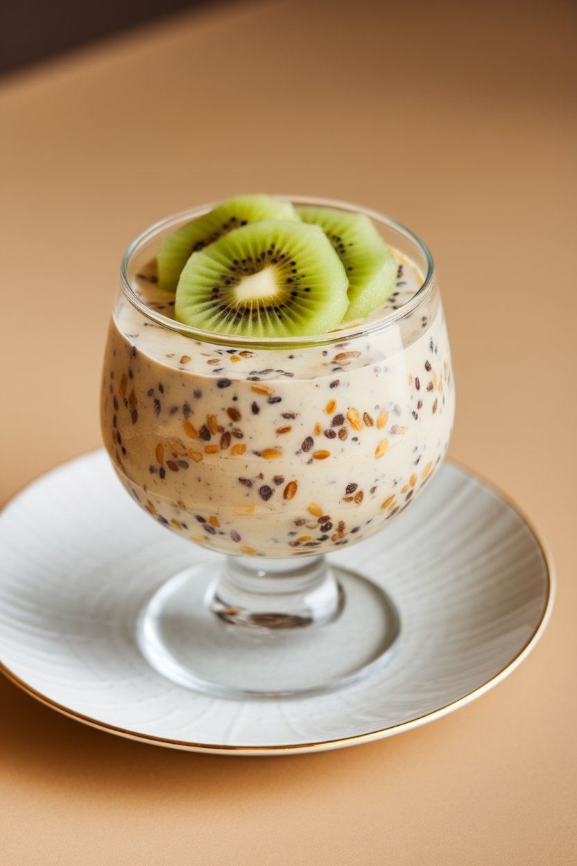 Indoor photo of a glass dessert cup containing mixed seed pudding topped with kiwi slices, no text or logos
