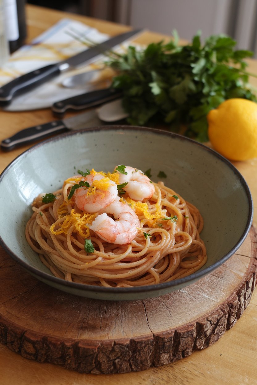 A shallow bowl on an indoor dining table holding whole-wheat spaghetti with shrimp, lemon zest, and parsley sprinkled on top. No text or logos. Photo.