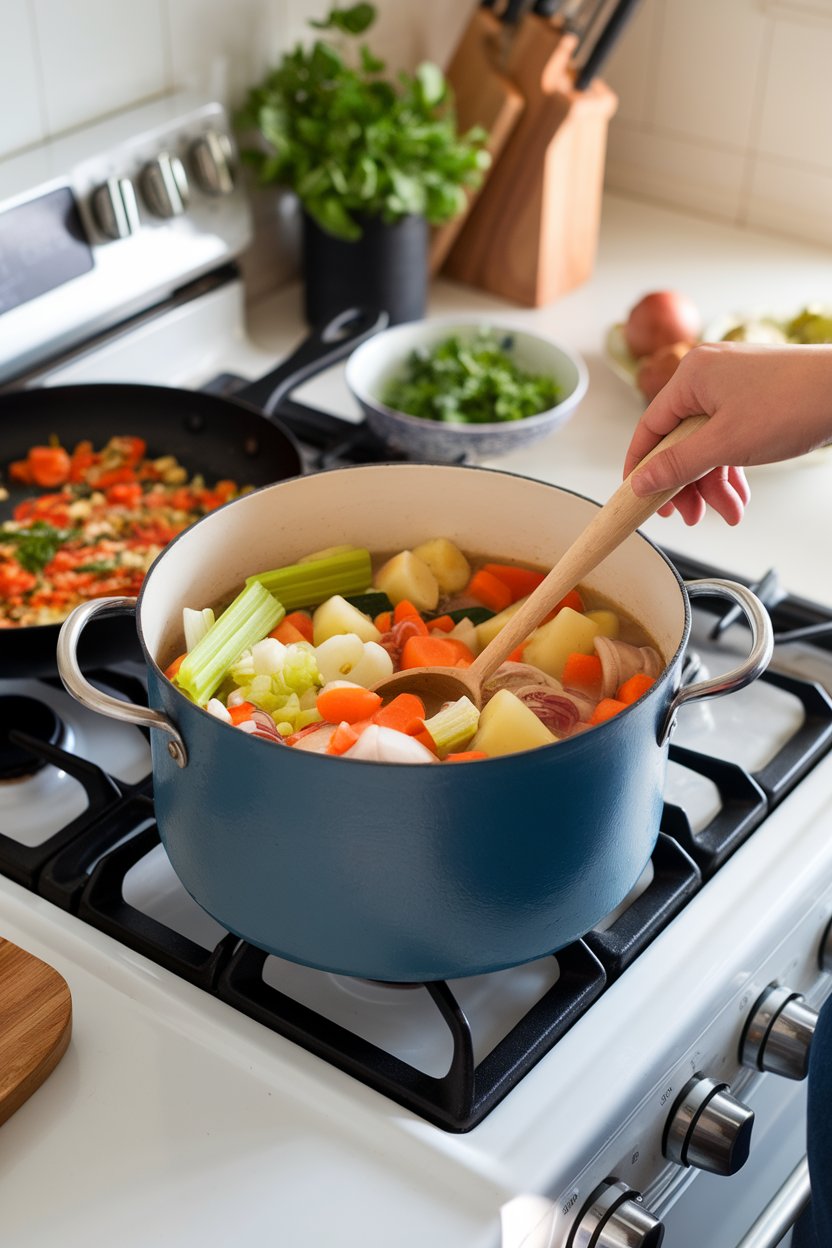 Photo — An indoor kitchen scene of a person stirring a pot of vegetable soup on the stove, fresh ingredients scattered around. No identifiable brands or text.