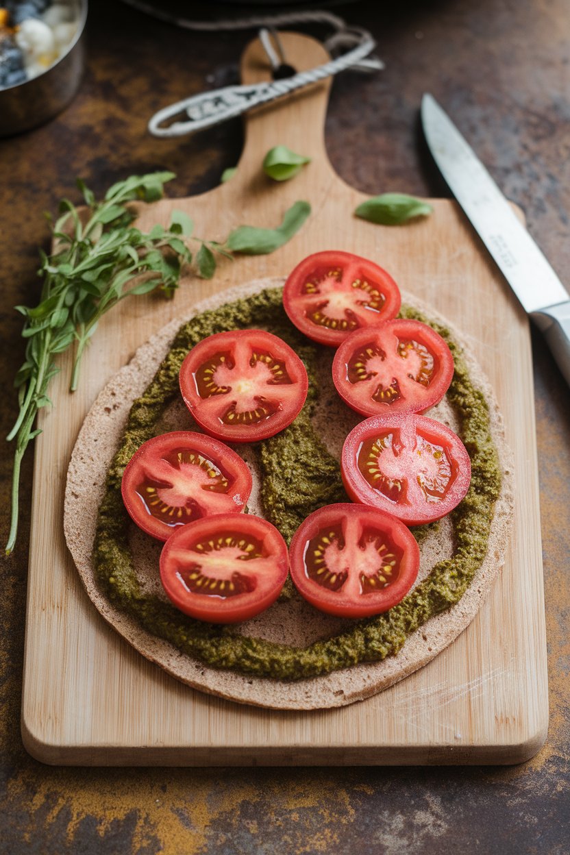 An indoor cutting board with a whole-wheat flatbread spread with olive tapenade and topped with sliced heirloom tomatoes, photo, no text or logos.