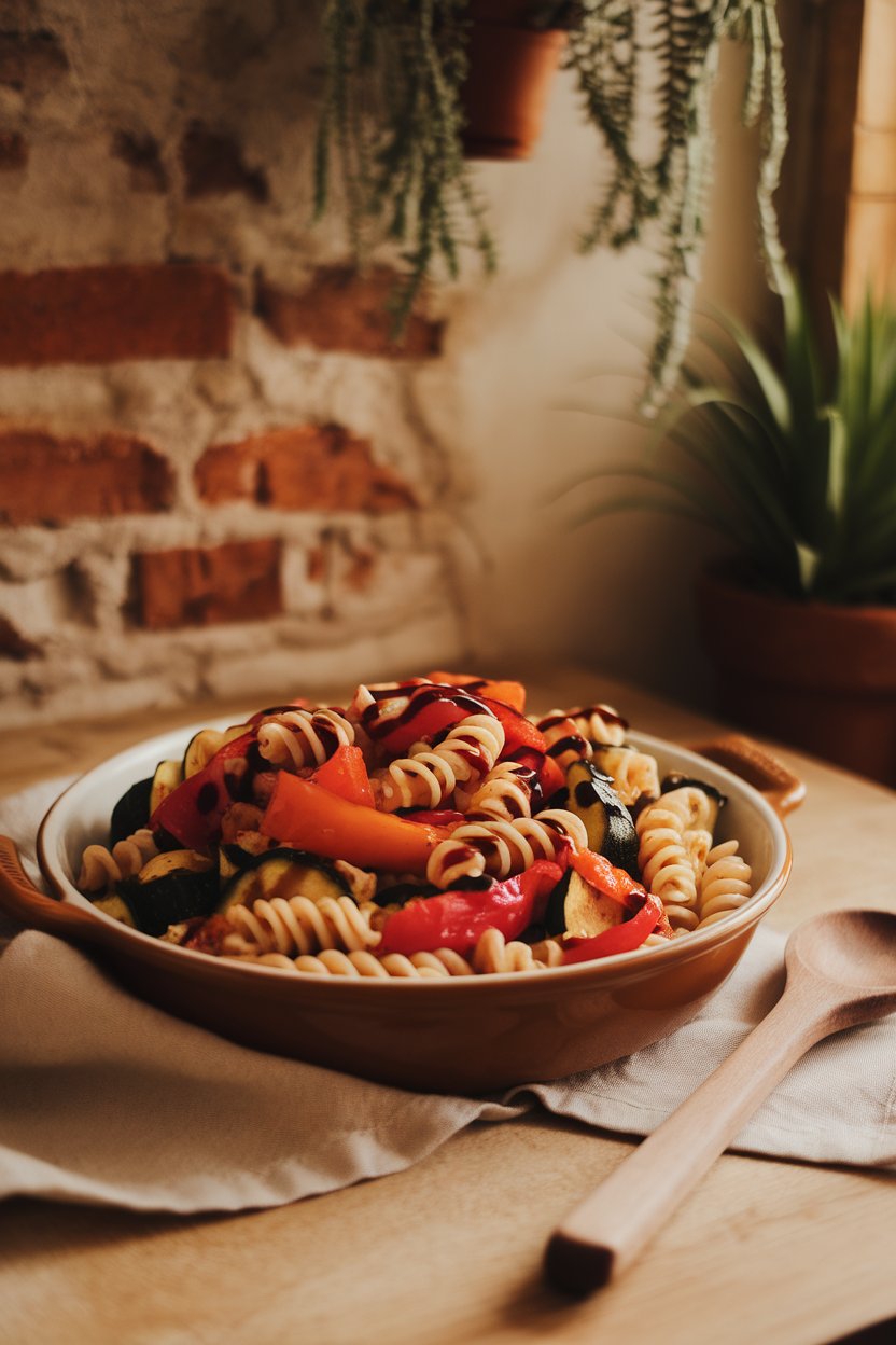 A cozy indoor shot of a serving dish filled with fusilli, roasted bell peppers, zucchini, and red onion drizzled with balsamic glaze; no text or logos.