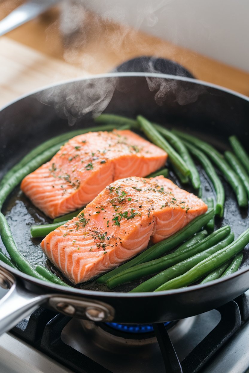 An indoor stovetop skillet of salmon fillets and bright green beans coated in a light garlic-lemon sauce, steam visible. No text or logos seen.