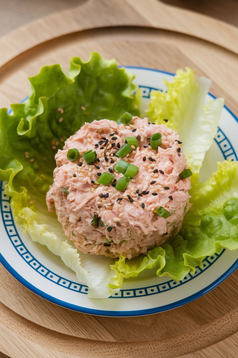 Photo of an indoor lunch plate showing a mound of tuna salad flecked with green onions and sesame seeds, served on butter lettuce leaves; no text or logos