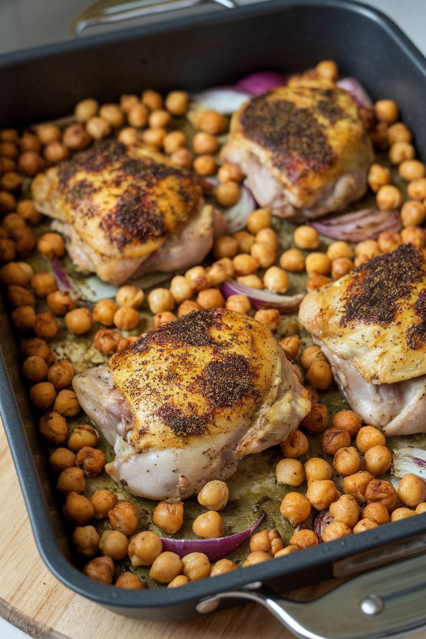 A roasting pan indoors with golden za’atar-dusting chicken thighs nestled among crispy chickpeas and red onion; no text or logos.
