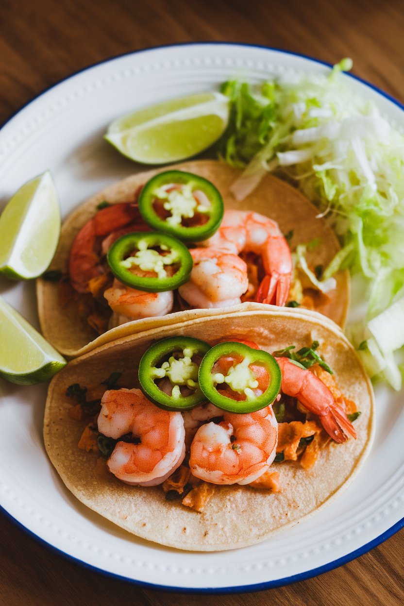 Photo of indoor plate featuring shrimp tacos with jalapeño slices, lime wedges, and shredded lettuce. No branding present.