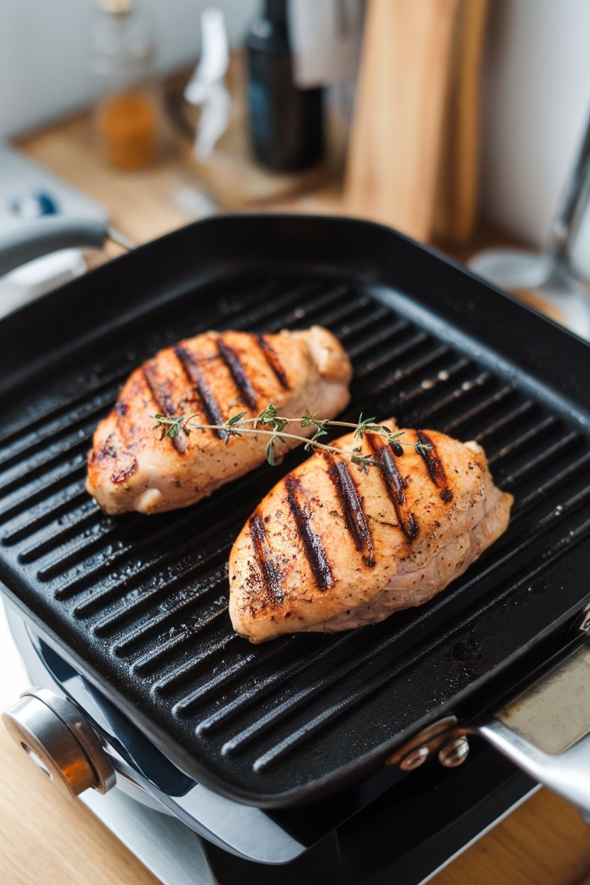 An indoor grill pan cooking skinless chicken breasts with char marks, a sprig of thyme on top. No text or logos on cookware.