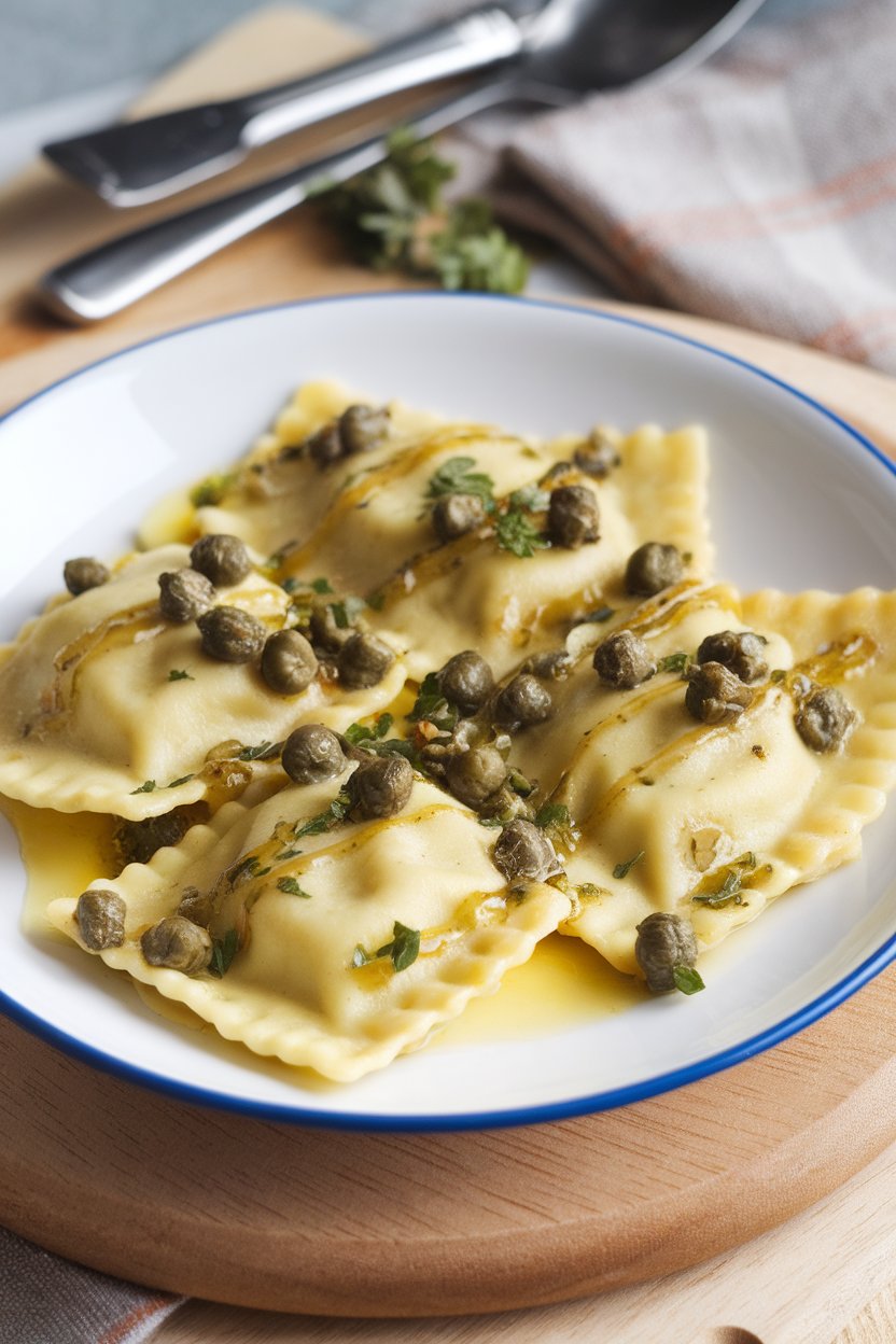 Indoor plate of spinach ravioli drizzled with lemony brown butter and capers, parsley sprinkled on top. No text or logos.