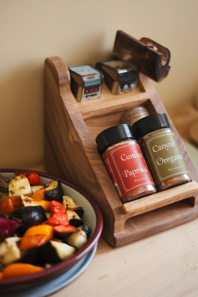 An indoor spice rack focus on three jars—cumin, paprika, and oregano—beside a cooked dish of roasted veggies; no logos. Photo.