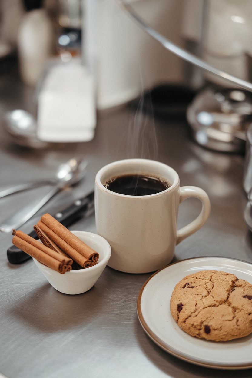An indoor café-style kitchen counter with a steaming mug of black coffee beside a small bowl of cinnamon sticks. No text or logos on mug.