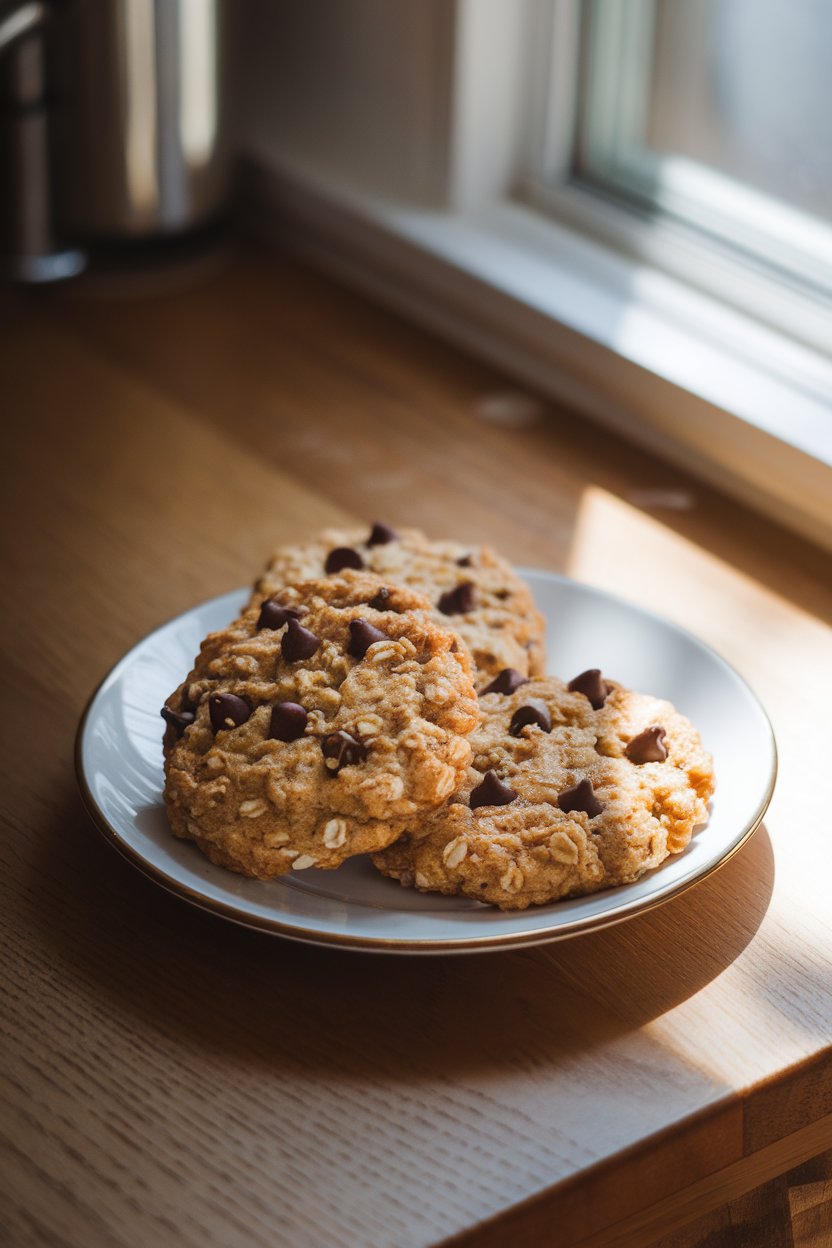 Indoor kitchen table showing a small plate of three golden banana oat cookies flecked with dark chocolate chips, soft window light streaming in. No text or logos visible.