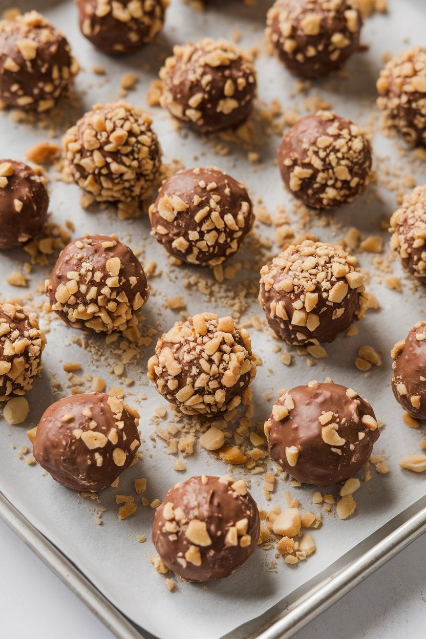 An indoor cookie sheet lined with round chocolate-colored protein balls coated lightly in crushed peanuts; no text or logos.
