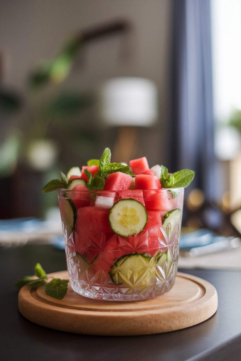 Indoor dining table with a chilled glass bowl of cubed watermelon, cucumber half-moons, fresh mint leaves, and a squeeze of lime juice glistening under soft light. Photo only, no text or logos.