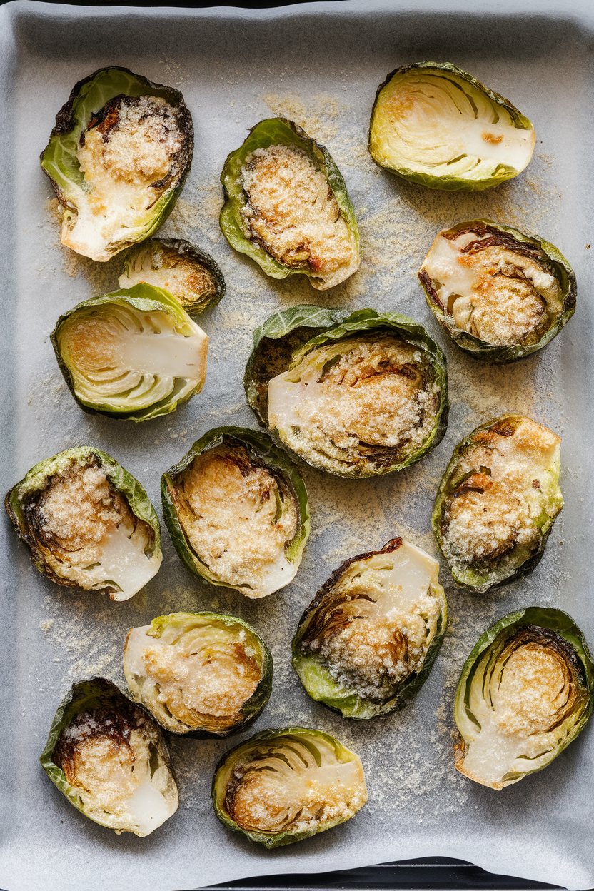 Crispy Brussels sprout leaves dusted with Parmesan on an indoor parchment-lined tray. No text or logos. Photo.
