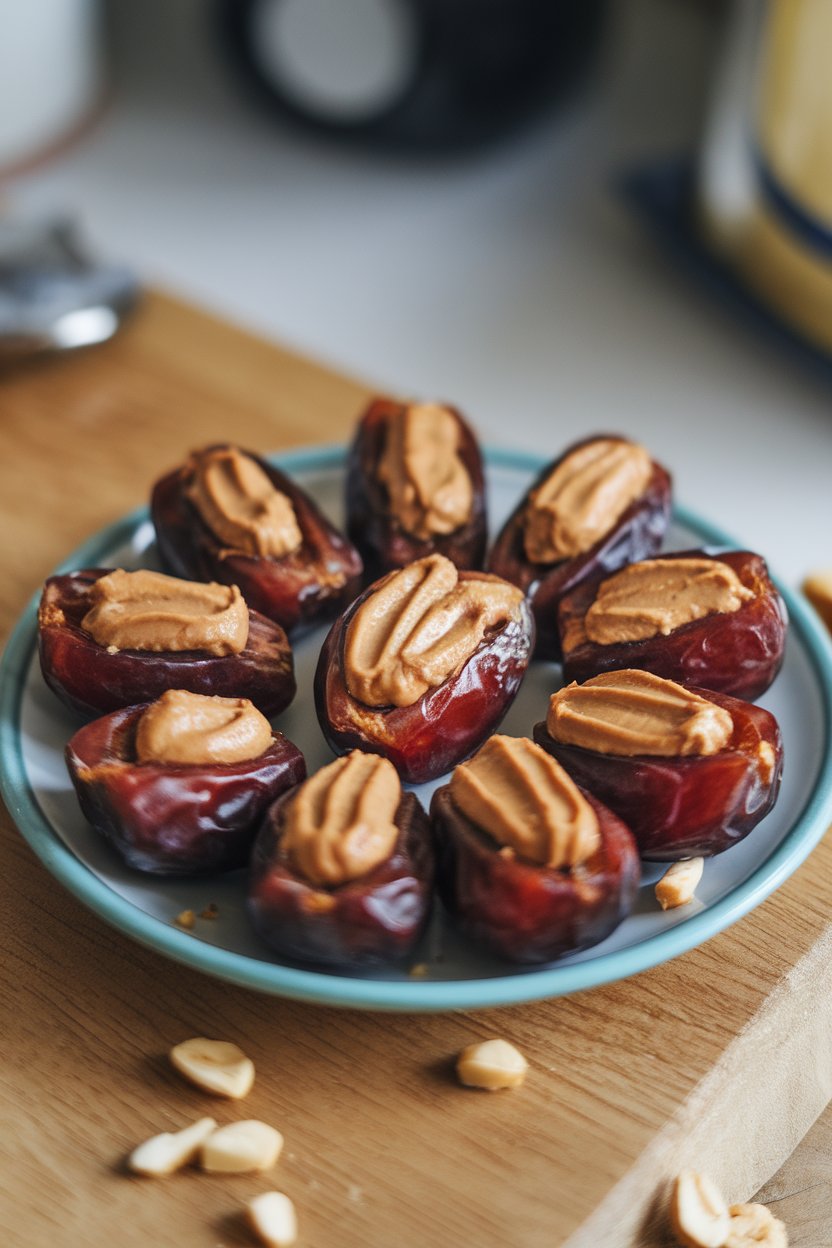 A small indoor plate with Medjool dates split and filled with creamy peanut butter, photo, no logos.