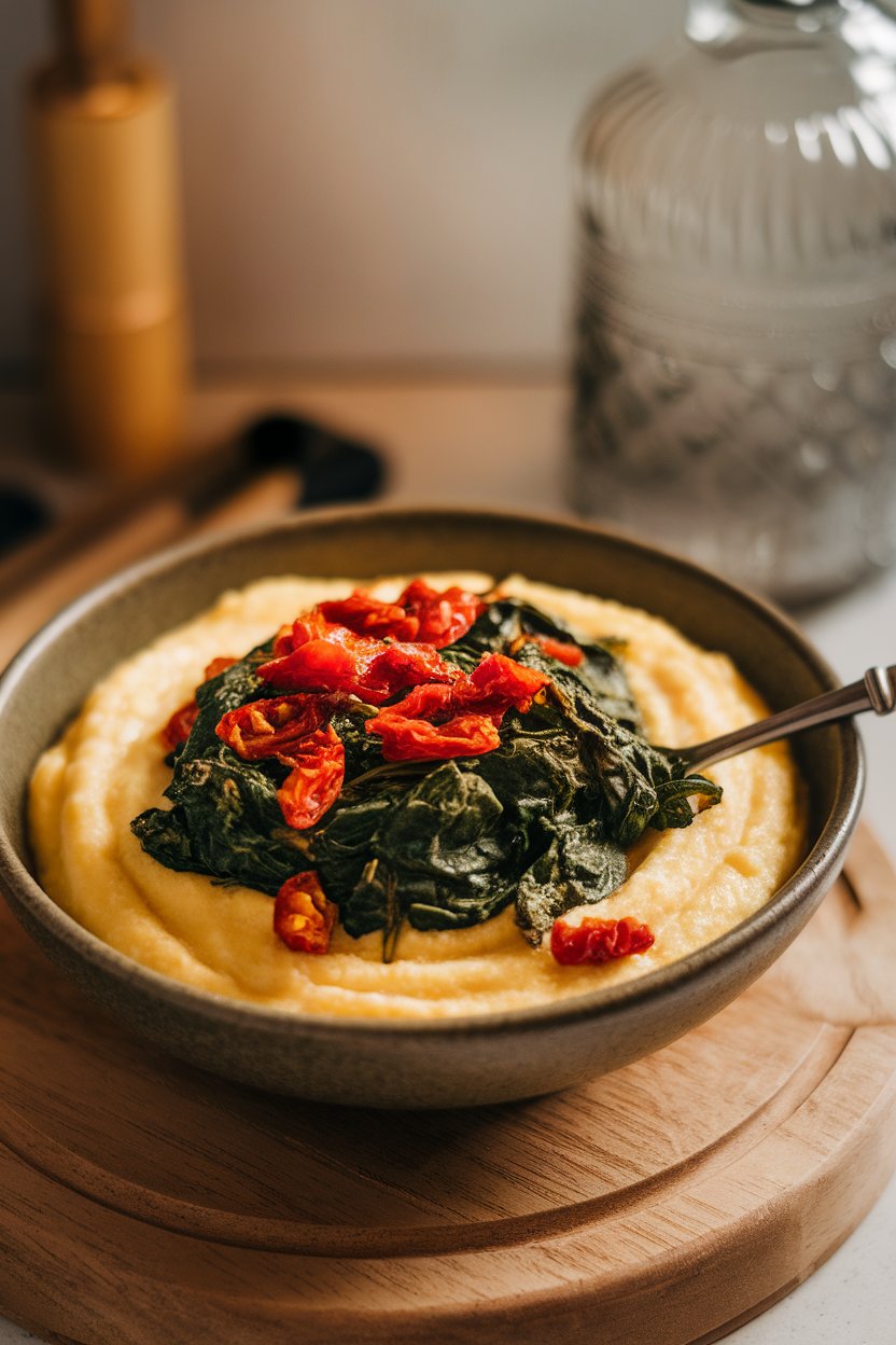 Indoor photo of a bowl of creamy polenta topped with wilted spinach and chopped sun-dried tomatoes. No text or logos.