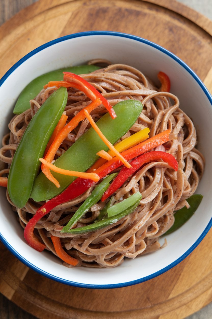 Indoor bowl of buckwheat soba noodles mixed with julienned bell peppers, carrots, and snow peas in light soy-ginger dressing. No text or logos; photo.