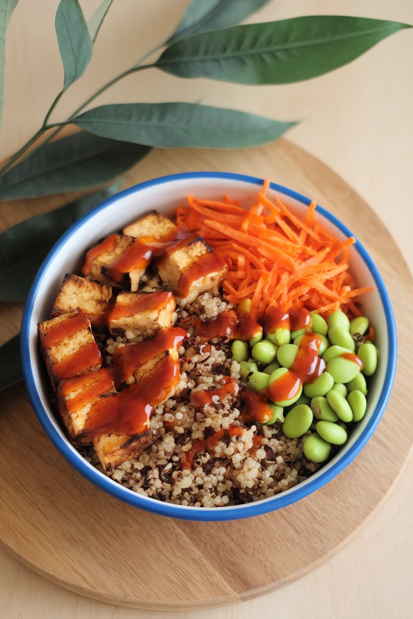 A vibrant indoor bowl divided into sections of roasted tofu, quinoa, shredded carrots, and edamame; chili sauce drizzle visible, no logos.