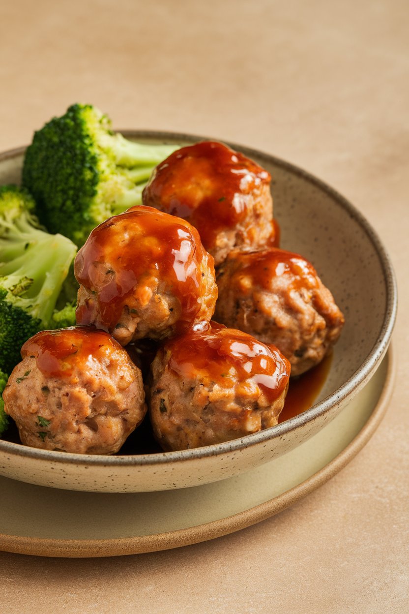 An indoor shallow bowl containing baked turkey meatballs glazed with teriyaki sauce, served beside steamed broccoli florets. No logos visible.