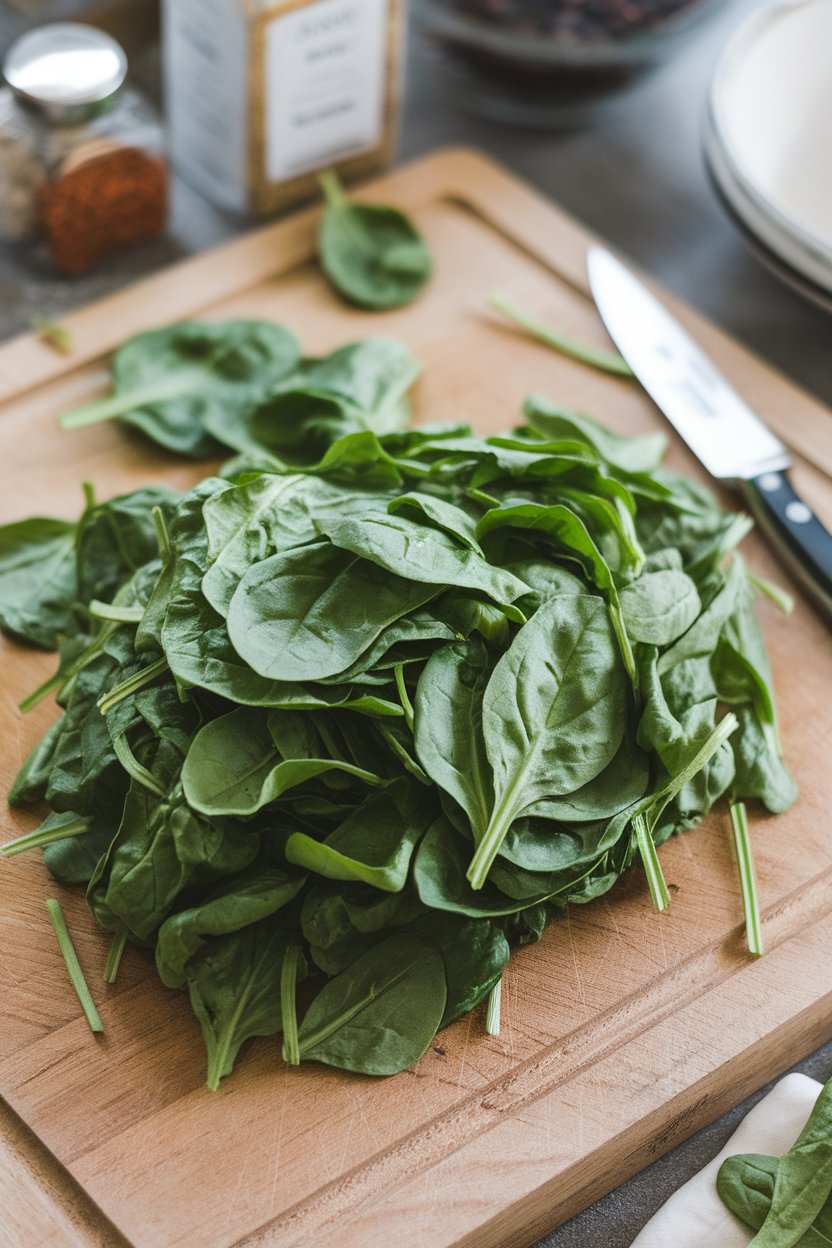 Indoor produce prep scene with a wooden cutting board piled high with fresh baby spinach leaves, a small paring knife nearby. No brand names, no text. Photo only.