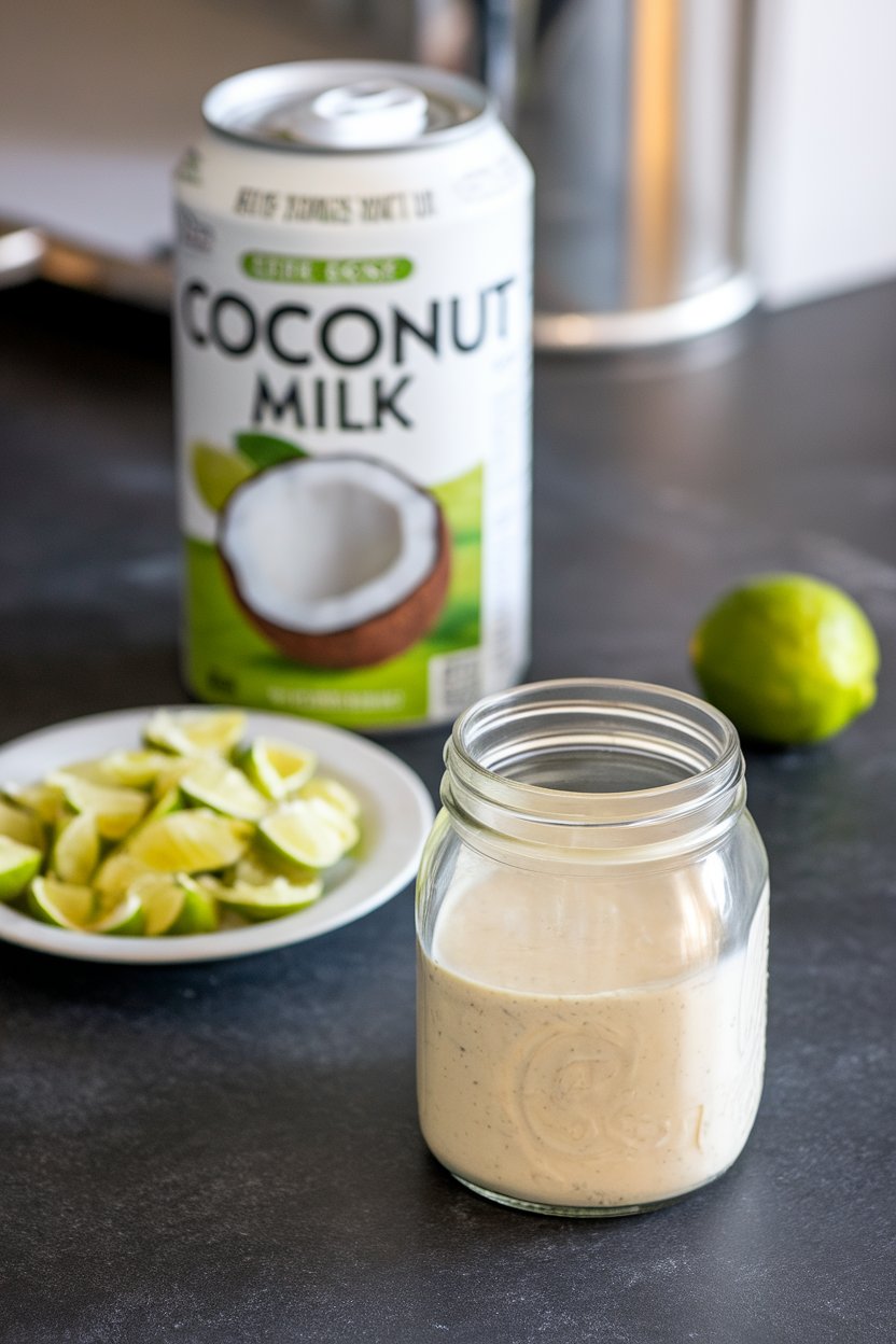 Indoor countertop with a clear jar of creamy coconut lime dressing, coconut milk can in background turned away, lime zest on a plate. Photo, not illustration. No text or logos.